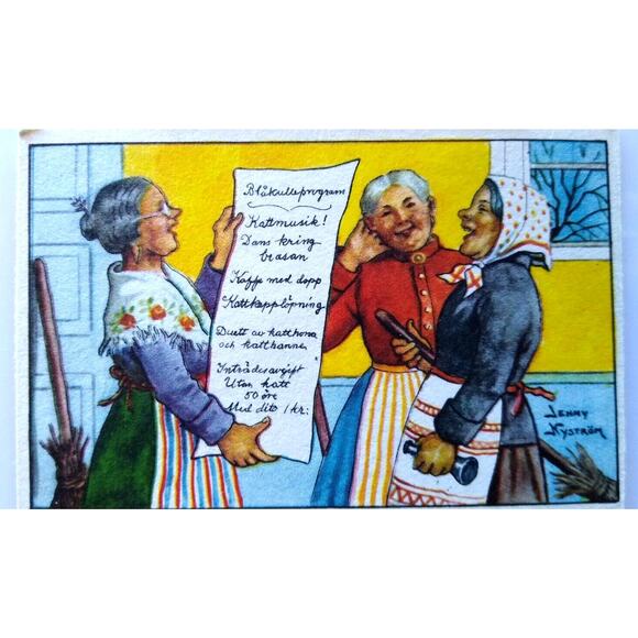Easter Witches Postcard Fantasy Glad Pask Jenny Nystrom Sweden Brooms Aprons - Picture 1 of 3